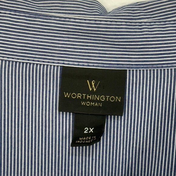 Worthington Woman 2X Blue Striped Button-Down Shirt 3/4 Sleeve Business Casual - Picture 3 of 12